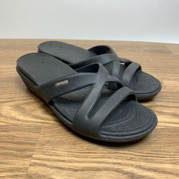 Crocs Patricia Black Criss Cross Wedge Sandals Women's Size 11 - Picture 1 of 11